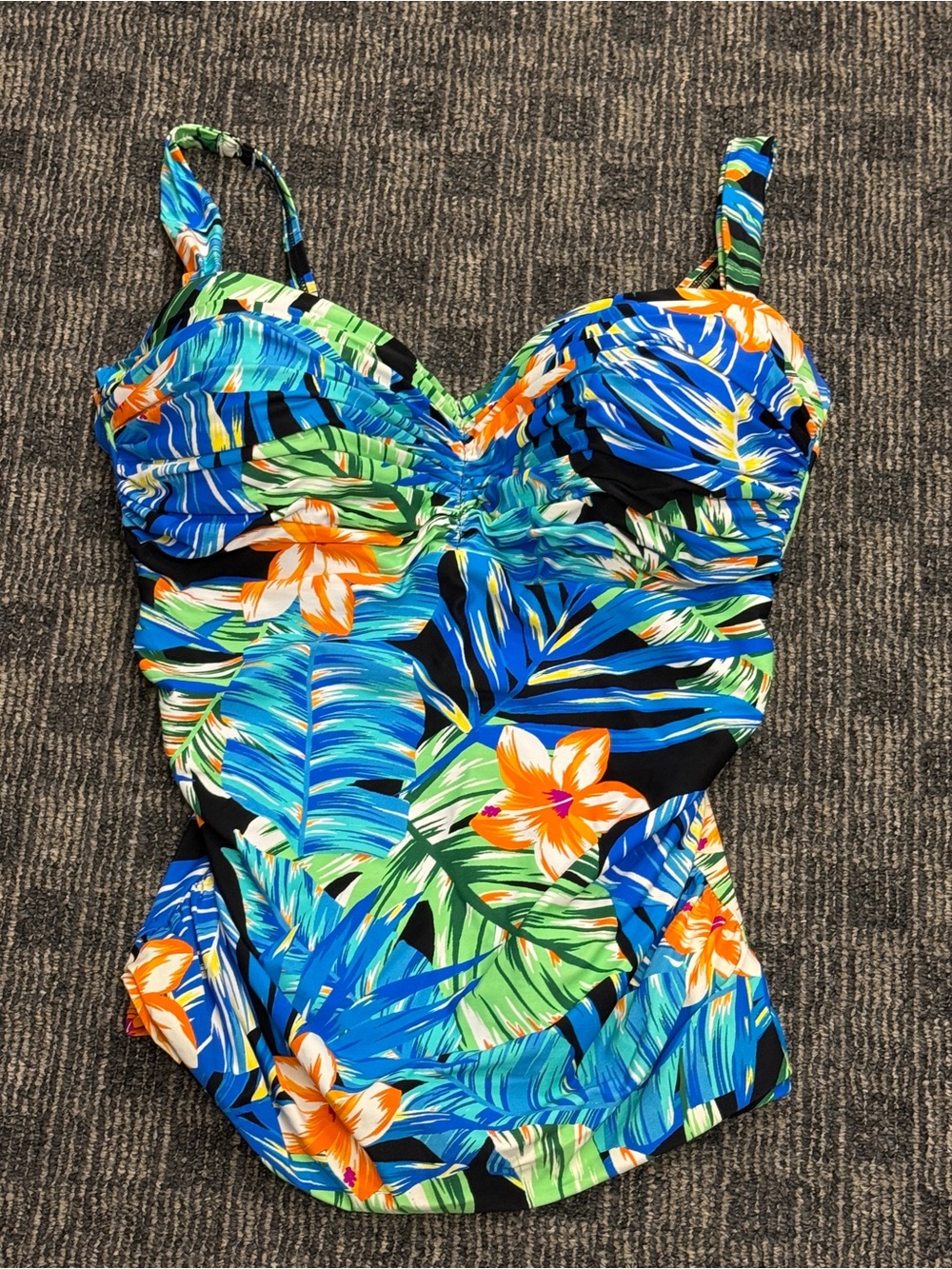 Coco Reef 38D Tropical Floral Underwire Tankini Swim Top Ruched Blue Green